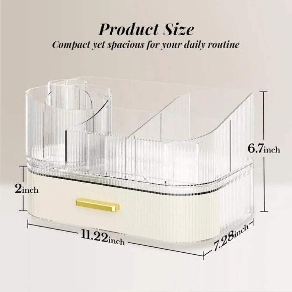 White Makeup Organizer, Stackable Drawers, 360° Rotating Brush Holder for Vanity